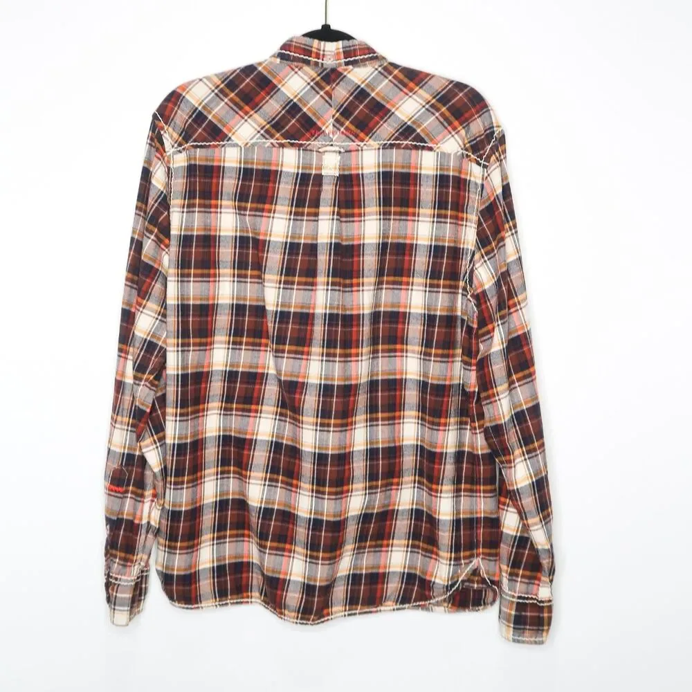 True Religion Mens Button Up Shirt XL Plaid Orange‎ Brown Cowboy Western